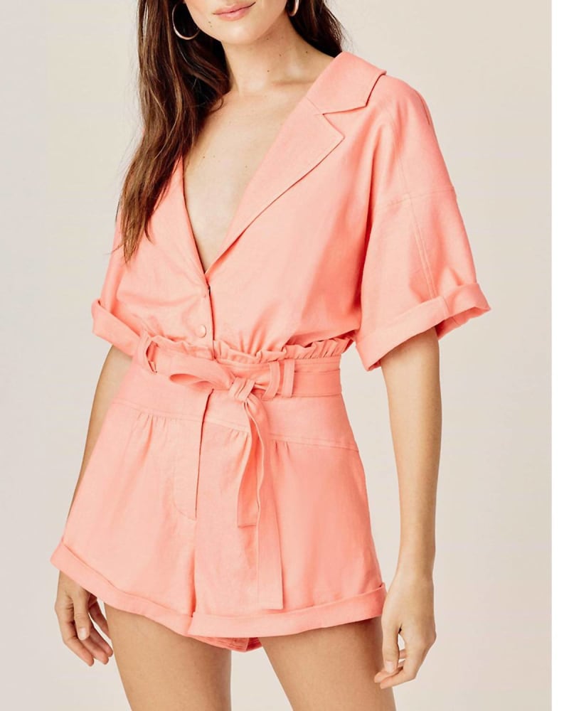 Front of a model wearing a size L Millie Romper In Mango in Mango by for Love & Lemons. | dia_product_style_image_id:358486